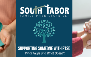 Banner for PTSD support: teal ribbon in hands left, center teal heart-tree emblem on dark blue, and joined hands on right with the title 'Supporting Someone With PTSD'.
