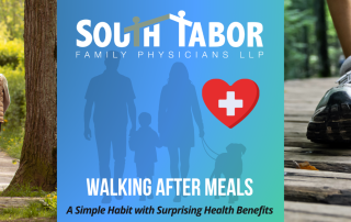 Three-panel banner promoting walking after meals: left elderly couple walking, center South Tabor Family Physicians logo with a heart, right sneakers on a wooden path; text reads 'Walking After Meals.'
