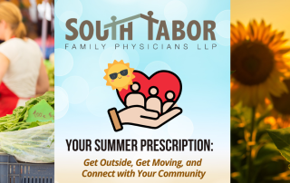 Banner with a market on the left, a central South Tabor Family Physicians logo with a heart-in-hand illustration, and sunflowers on the right; includes the Summer Prescription tagline.